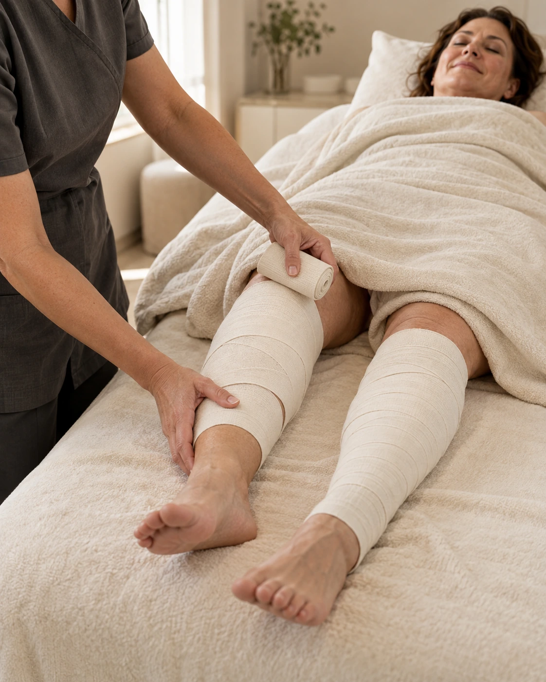 Illustrative body-wrap appointment with a covered adult client on a treatment bed and hands wrapping the lower leg
