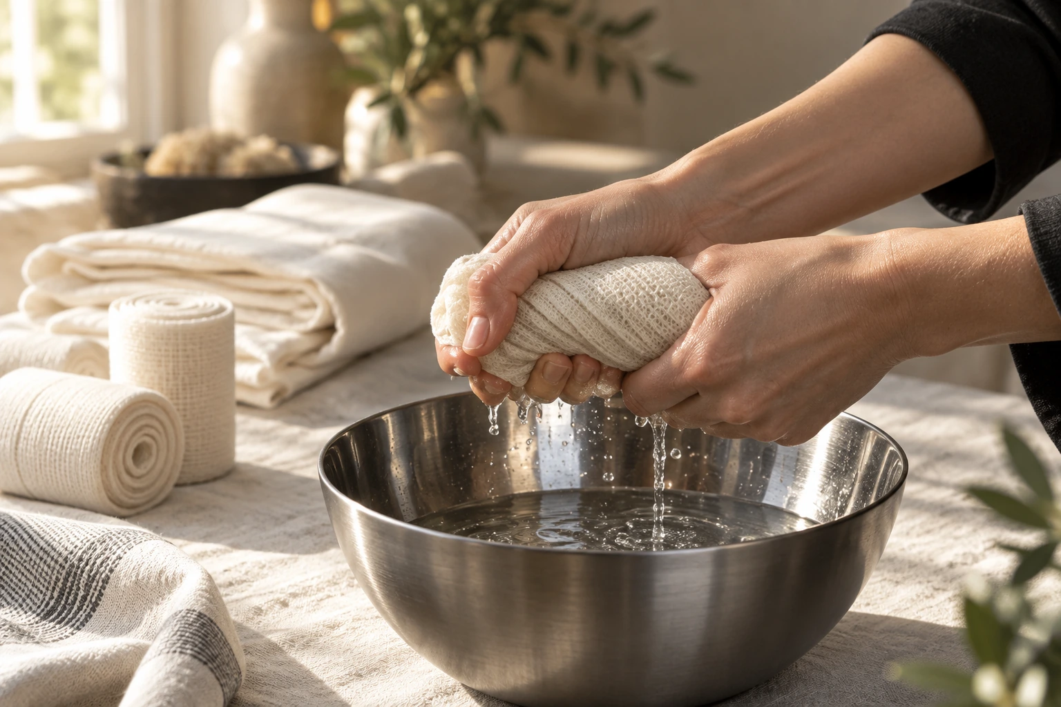 Illustrative scene of hands preparing a cotton bandage over a bowl